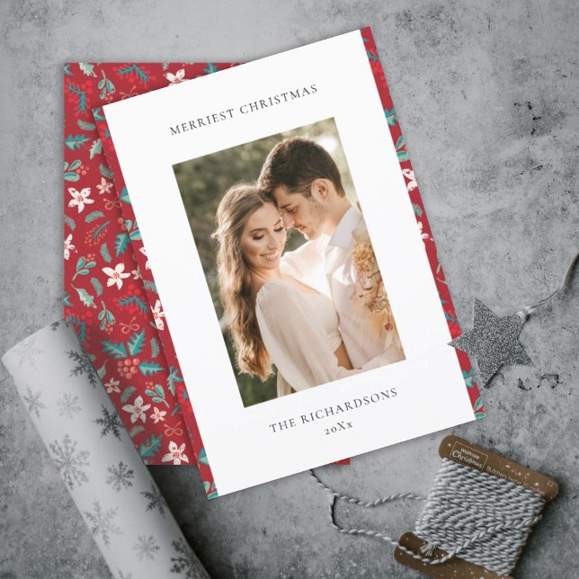 Red Berries Merry Christmas Floral Pattern Photo Holiday Card (Creator Uploaded)