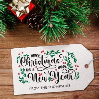 Red Berries Merry Christmas Happy New Year From Gift Tags
