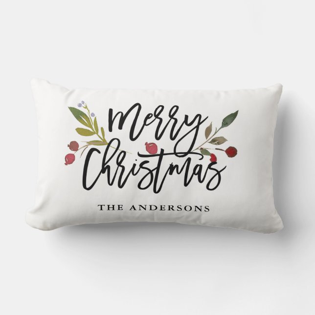 Red Berries Merry Christmas | Holiday Lumbar Pillow (Front)