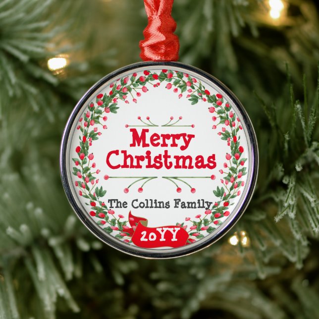 Red Berries Merry Christmas Wreath Metal Ornament (Tree)