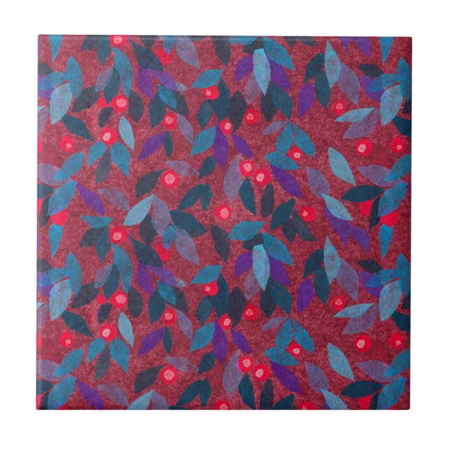 Red Berries Minimal Floral Pattern Simple Botany Ceramic Tile (Front)