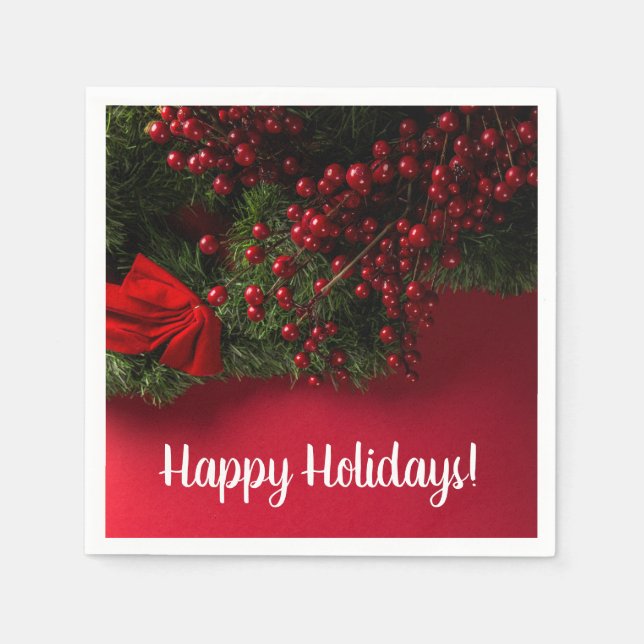 Red Berries & Mistletoe, Christmas Napkins (Front)