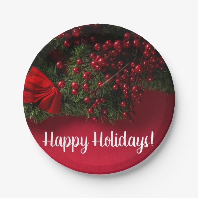 Red Berries & Mistletoe, Christmas Paper Plates (Front)