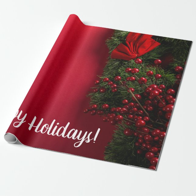 Red Berries & Mistletoe, Christmas Wrapping Paper (Unrolled)