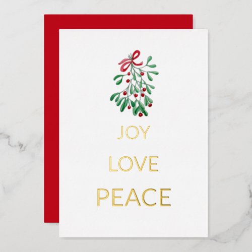 Red Berries Mistletoe Joy Love Peace Foil Holiday Card