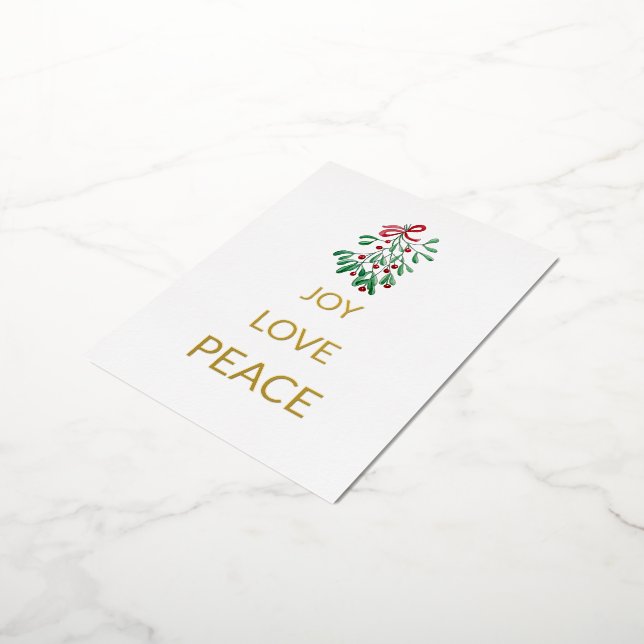 Red Berries Mistletoe Joy Love Peace Foil Holiday Postcard (Rotated)
