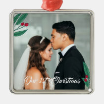 Red Berries - Our First Christmas - Wedding Photo Metal Ornament
