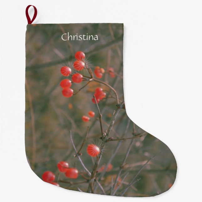 Red Berries Outdoor Nature Photo Personalized  Large Christmas Stocking (Front)