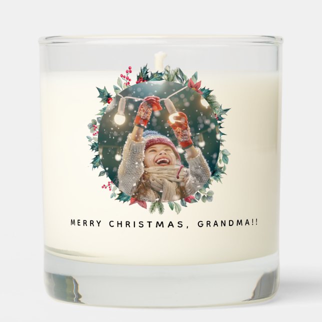 Red Berries Photo Christmas Custom Scented Candle (Front)