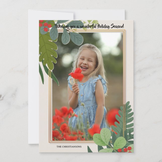 Red Berries Photo Frame Holiday Greeting Card (Front)