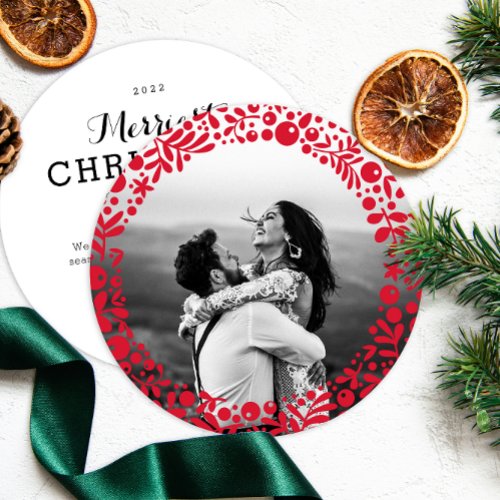 Red Berries Photo Frame Two-Sided Ornament Card