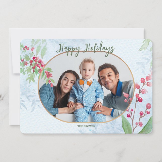 Red Berries Photo Holiday Greeting Card (Front)