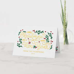 Red Berries Photo Merry Christmas Happy New Year Foil Holiday Card
