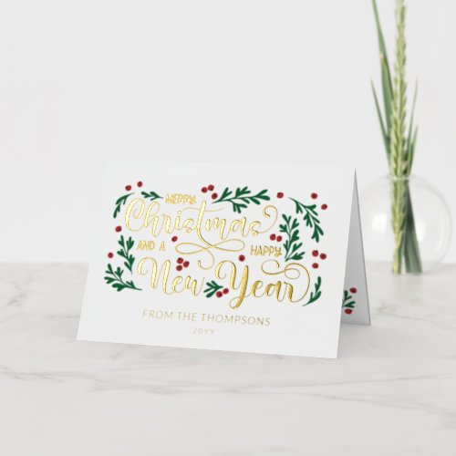 Red Berries Photo Merry Christmas Happy New Year Foil Holiday Card