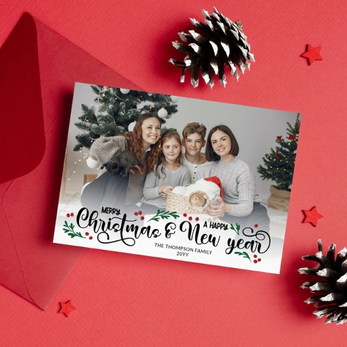 Red Berries Photo Merry Christmas Happy New Year Holiday Card