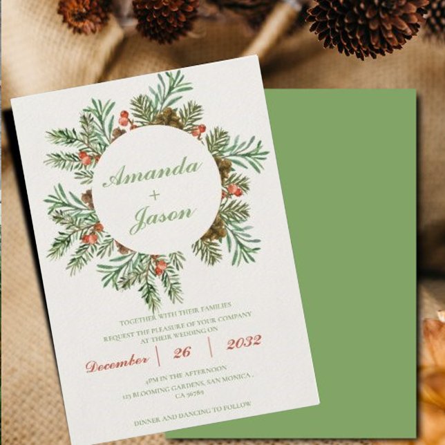 Red Berries Pine Cone Christmas wedding Invitation (Red Berries Pine Cone Christmas wedding Invitation)