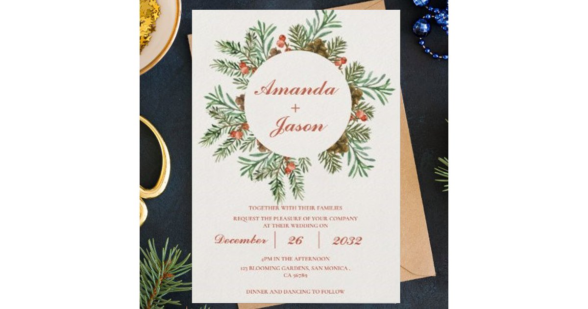 Red Berries Pine Cone Christmas wedding Invitation | Zazzle