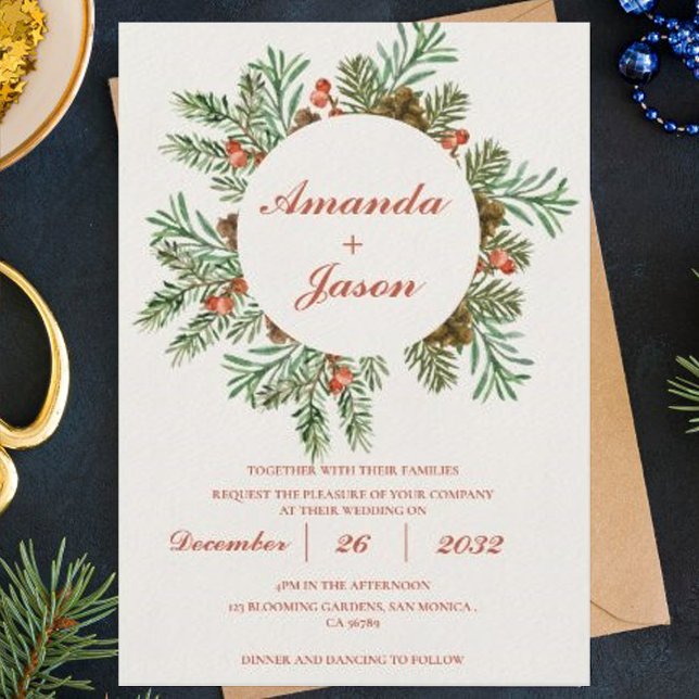 Red Berries Pine Cone Christmas wedding Invitation (Red Berries Pine Cone Christmas wedding Invitation)