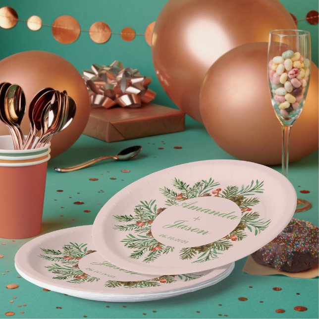 Red Berries Pine Cone Christmas Wedding Party Paper Plates (Multi)