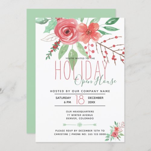 Red berries pine green holiday open house invitation