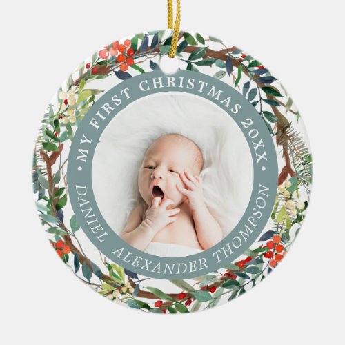 Red Berries Pine Needle Wreath Baby 1st Christmas Ceramic Ornament