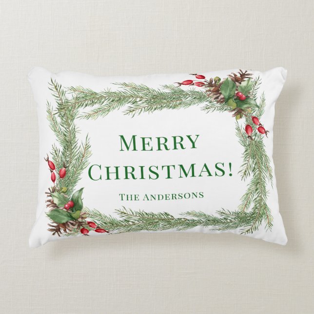 Red Berries Pine Needles Merry Christmas  Accent Pillow (Front)