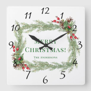 Red Berries Pine Needles Merry Christmas Square Wall Clock