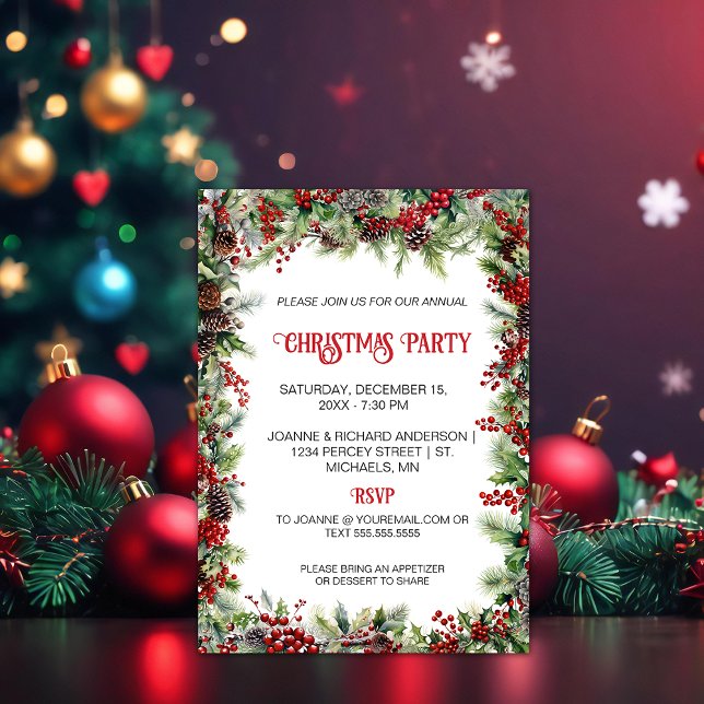 Red Berries, Pine, Pinecones Christmas Party | Holiday Card (Creator Uploaded)