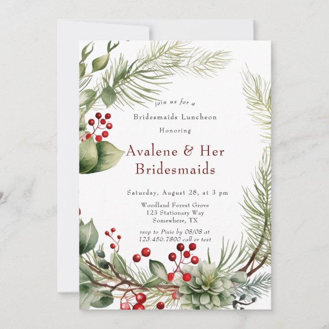 Red Berries Pine Wreath Bridesmaids Luncheon Invitation (Front)