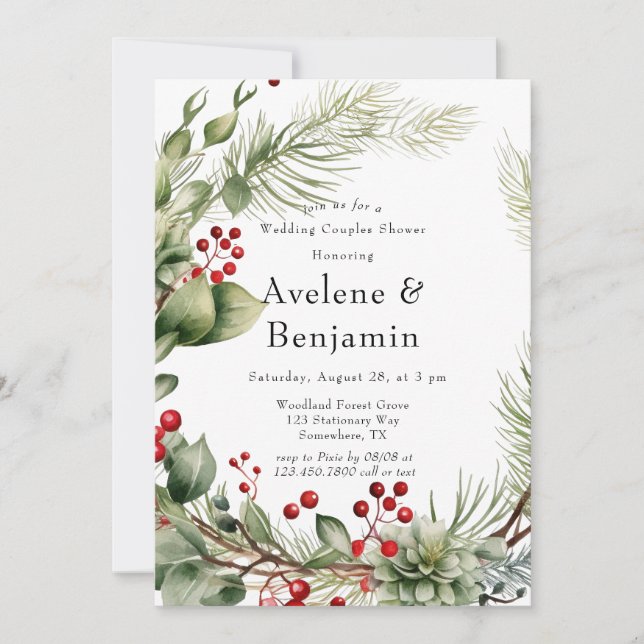 Red Berries Pine Wreath Wedding Couples Shower Invitation (Front)