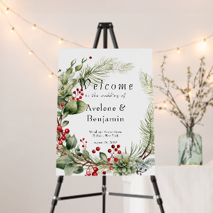 Red Berries Pine Wreath Wedding Welcome Sign