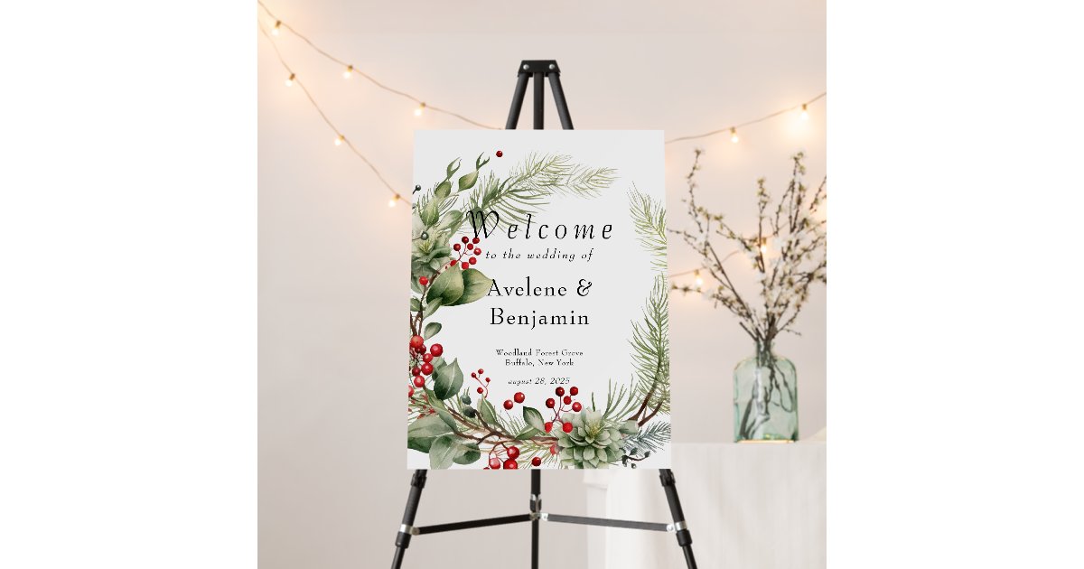 Red Berries Pine Wreath Wedding Welcome Sign | Zazzle