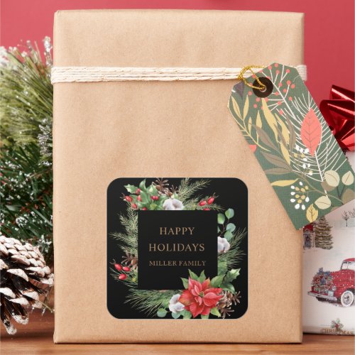 Red Berries Poinsettia Monogram Square Sticker