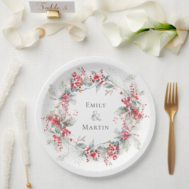 Red Berries Poinsettias Wreath Christmas Wedding Paper Plates (Wedding)