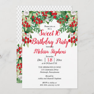 Red Berries Roses Floral Sweet 16 Birthday Party Invitation