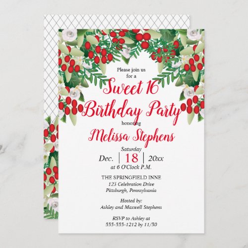 Red Berries  Roses Floral Sweet 16 Birthday Party Invitation