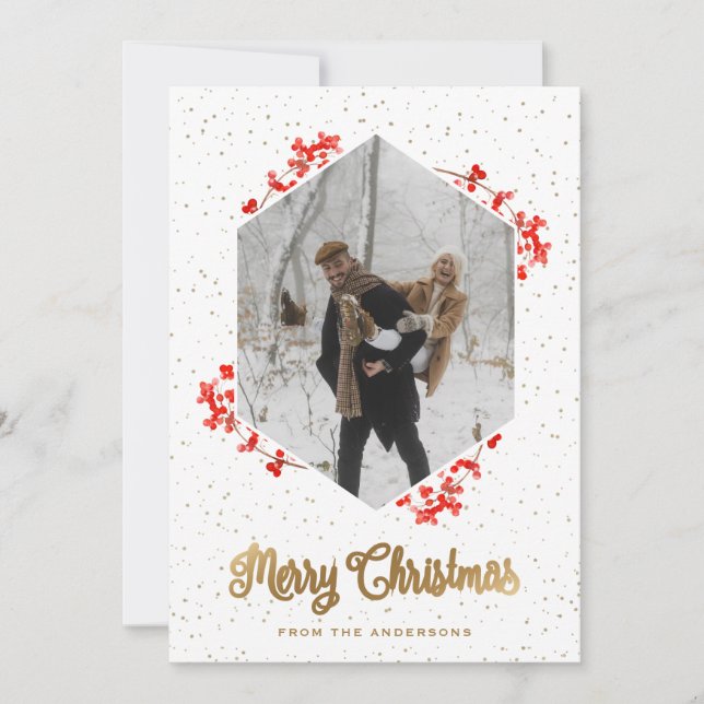 Red Berries Snow Calligraphy Photo Merry Christmas Holiday Card (Front)