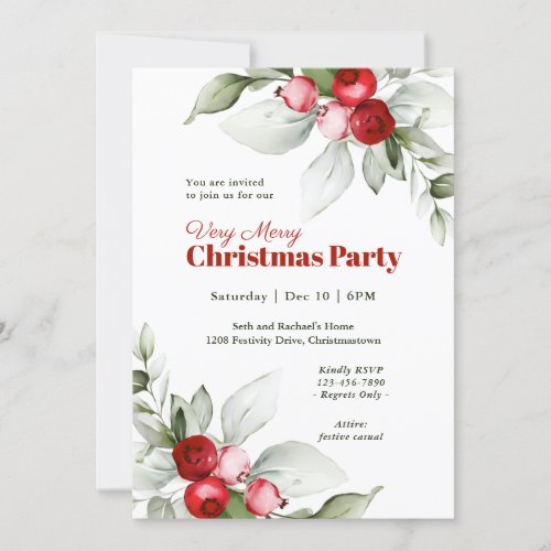Red Berries Very Merry Christmas Party Invitation