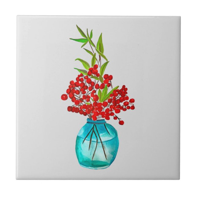 Red Berries watercolor art Ceramic Tile (Front)