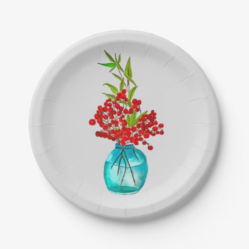 Red Berries watercolor art Paper Plates