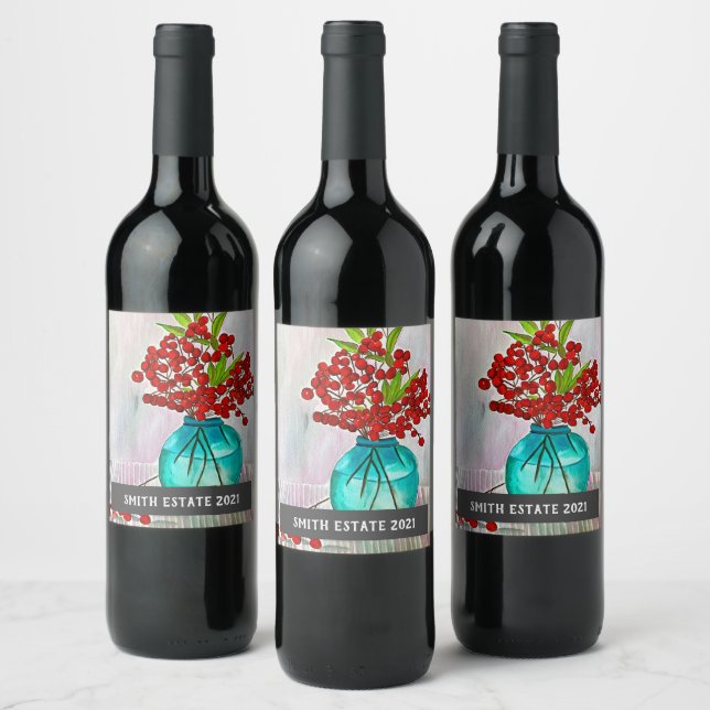 Red berries watercolor art wine label (Bottles)