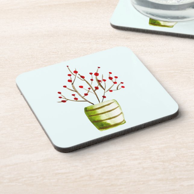 Red Berries watercolor Christmas Beverage Coaster (Left Side)
