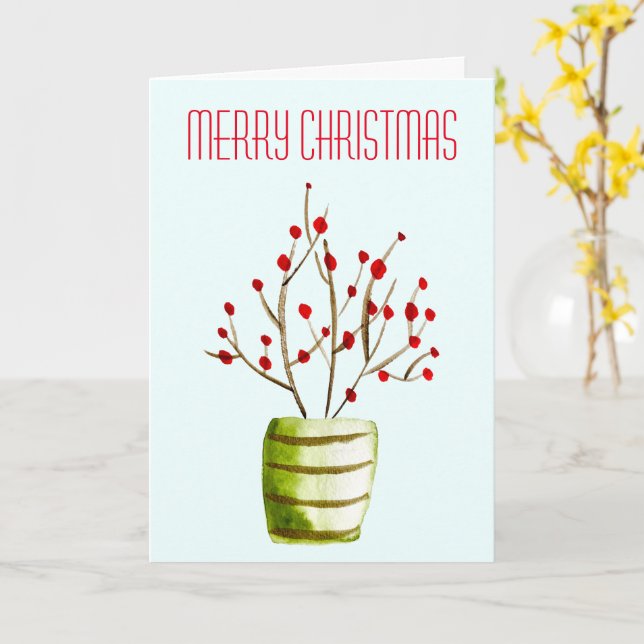 Red Berries watercolor Christmas Card (Yellow Flower)