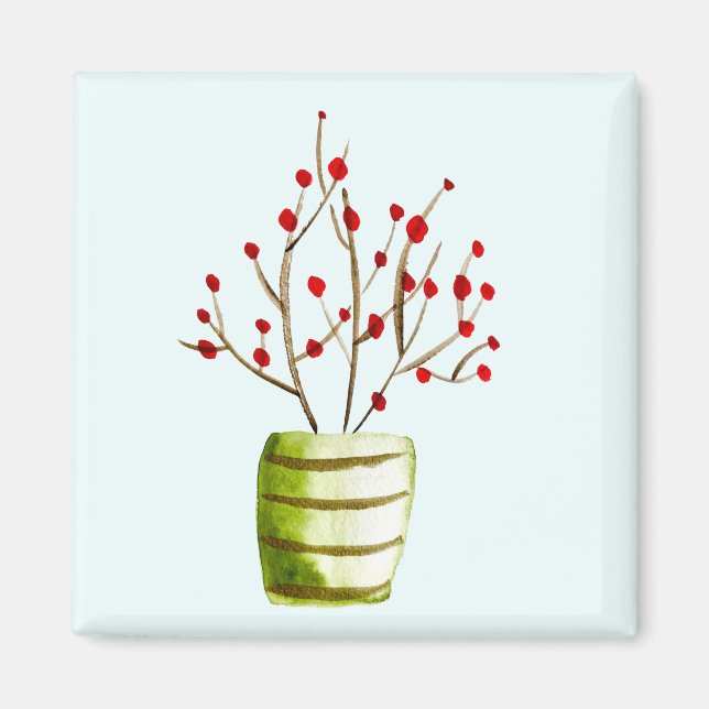 Red Berries watercolor Christmas Magnet (Front)