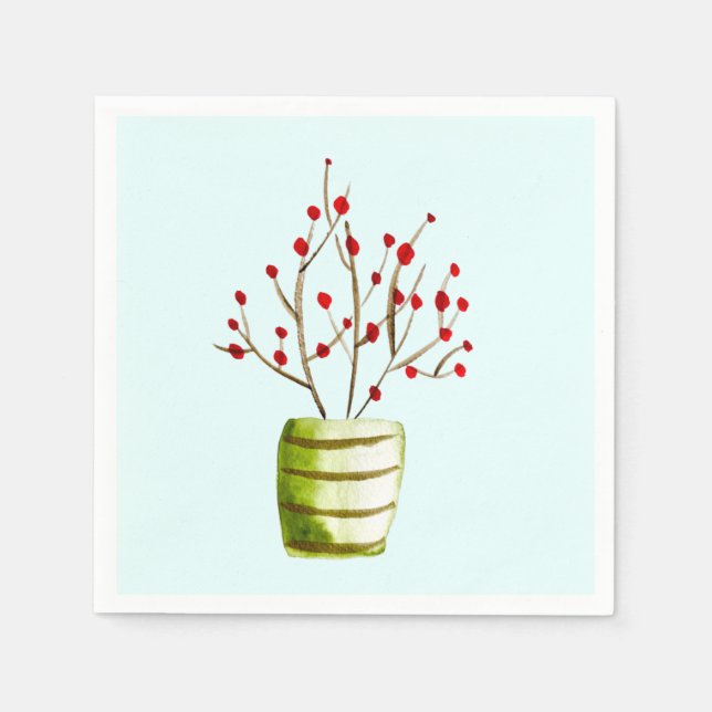 Red Berries watercolor Christmas Napkins (Front)