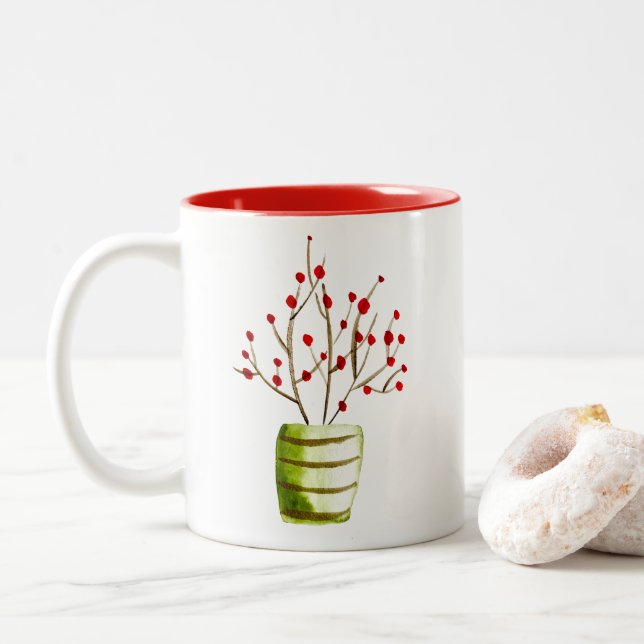Red Berries watercolor Christmas Two-Tone Coffee Mug (With Donut)