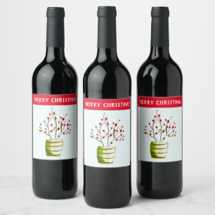 Red Berries watercolor Christmas Wine Label