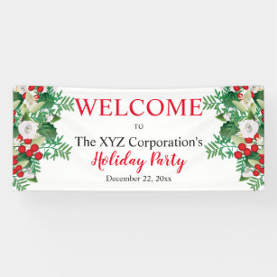 Personalized Christmas Holidays Banner with Custom Text on Two Lines Church for Business Organization or Home Use School Custom Message Banner Decoration with Evergreens and Holly Berries