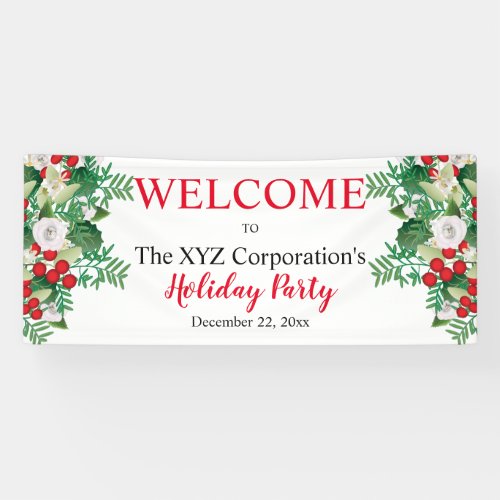 Red Berries White Floral Holiday Party Welcome Banner
