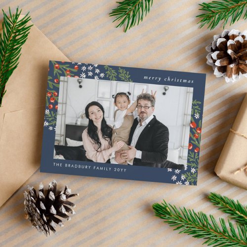 Red Berries White Flowers Family Photo Christmas Holiday Card